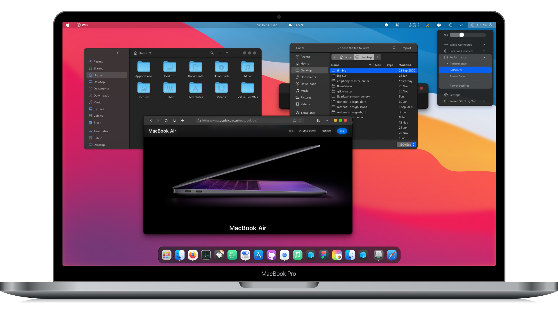 Ubuntu GNOME with macify applied - WhiteSur dark theme, macOS-style dock and windows
